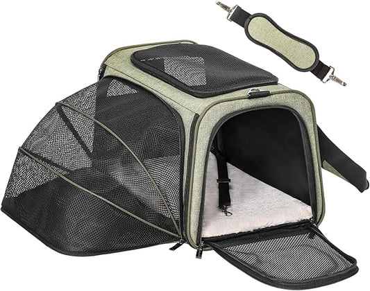 Petsfit Expandable Cat Carrier Dog Carrier,Airline Approved Soft-Sided Portable Pet Travel Washable Carrier for Kittens,Puppies,Removable Soft Plush mat and Pockets,Locking Safety Zippers