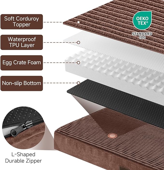 OhGeni Orthopedic Waterproof & Machine Washable Dog Bed for Medium Large Pets, Suitable for Crates, Cat Mat with 25D Egg Crate Foam, Non-Slip Bottom & Removable Cover, 35 Inches(Brown)