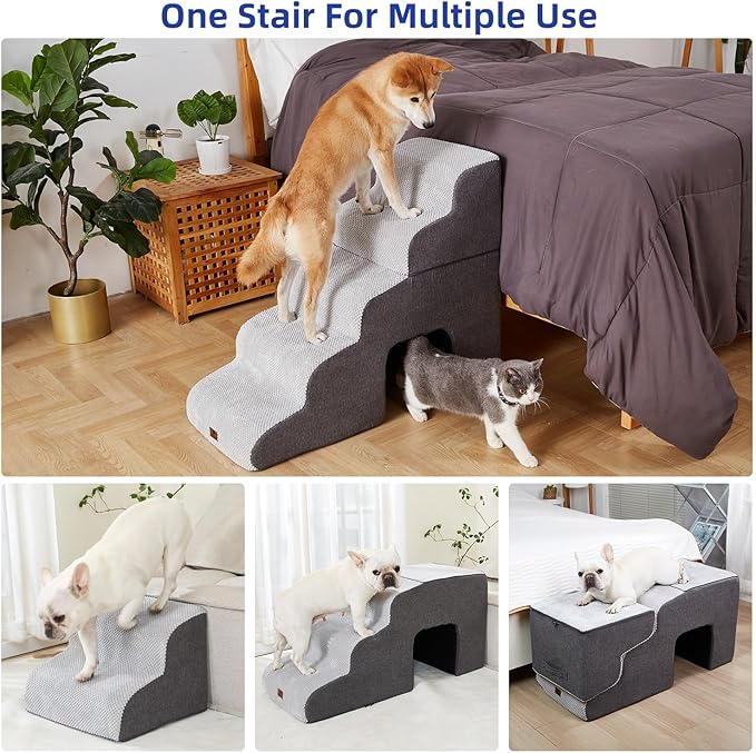 Pettycare Dog Stairs Ramp for High Beds and Couch,Curved Dog Steps for Small Pets, Pet Stairs Non-Slip Balanced Portable Puppy Ramp Indoor, 5 Steps,Grey