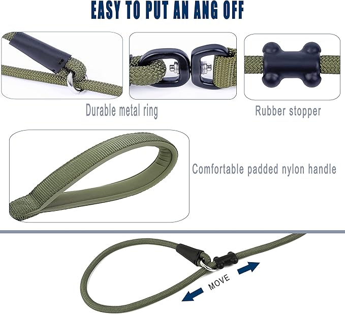 Slip Lead Dog Leash，Strong Nylon Rope Leash and Padded Handle,No Pull Outdoor Walking Training Lead for Small Medium Large Dogs(Army Green, 1/2"×6ft)