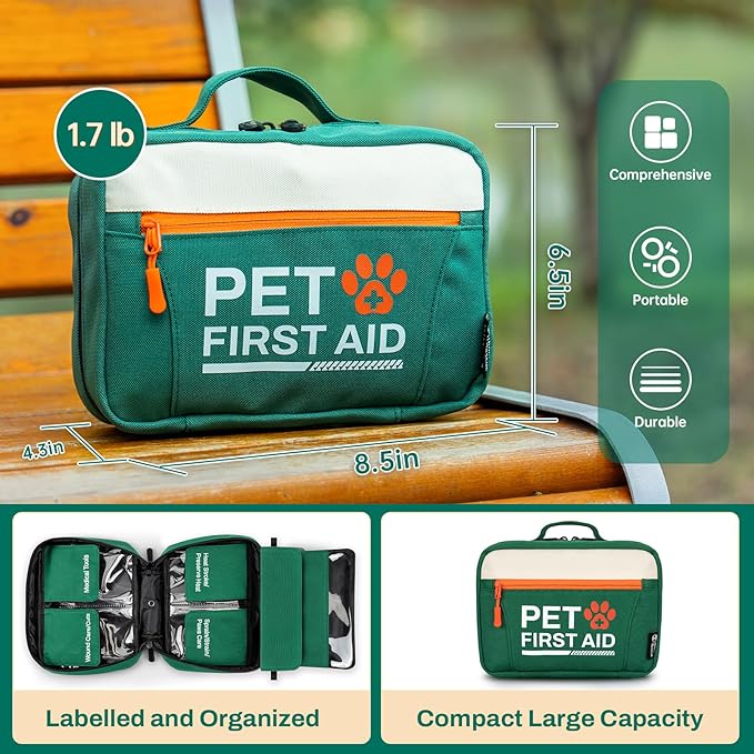 RHINO RESCUE Pet First Aid Kit, Emergency Medical Supplies for Dogs & Cats, Safety Essentials Pack with Thermometer, Disposable Booties for Home, Hiking, Traveling & Camping