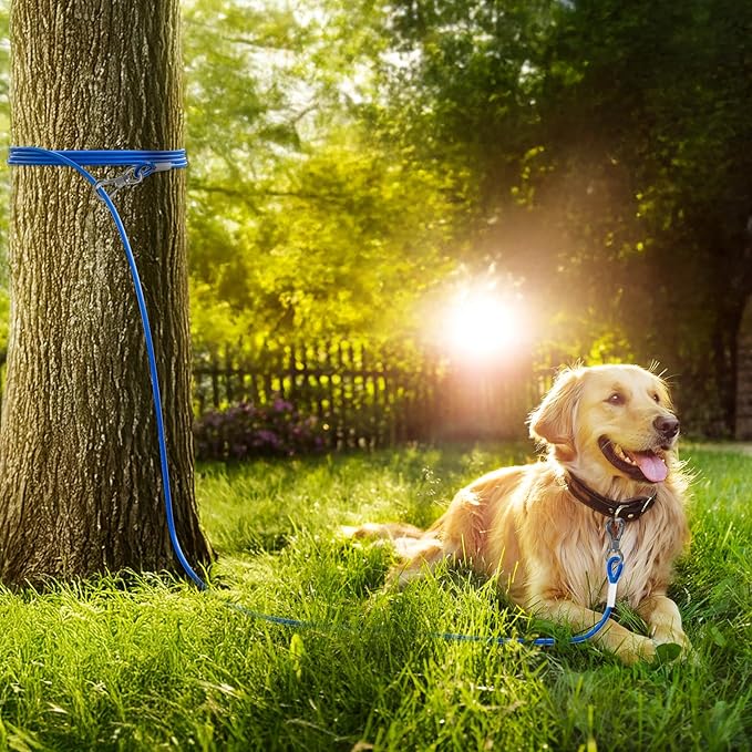 Tresbro 15FT Reflective Tie Out Cable for Dogs Up to 250 Pounds, Steel Wire Lead Leash Cable with Stainless Rotatable Clip, Lightweight and Enduring, Dog Lead Chains for Outside,Yard,Camping, Blue