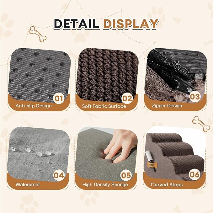 ROMROL Dog Stairs, Romrol Dog Steps Ramp for High Bed and Couch, Dog Ramp with Durable Non-Slip Waterproof Fabric Cover, Pet Stairs for Small Dogs and Cats or Pets Joints, 4-Tiers,Coffee