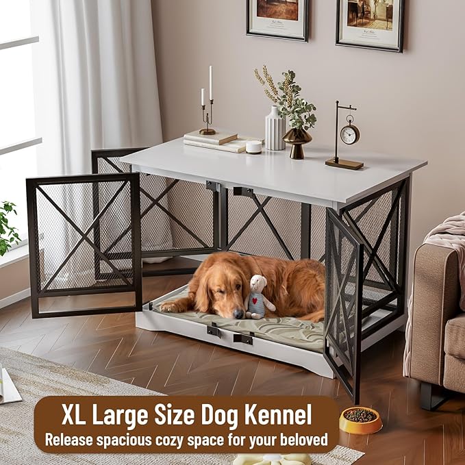 COZPAW Large Dog Crate Furniture - 48 inch Heavy Duty Dog Kennel Indoor for XLarge Breed with Double Doors, Wooden Dog Cage XL Modern Decorative End Table Pet House (White)