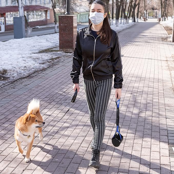 PPOGOO Non-Breakable 2PCS Pooper Scoopers for Large Medium Small Dogs with 24.3inch Long Handle High Strength Material Durable Spring, Easy Grass and Gravel Pick Up Blue and Orange