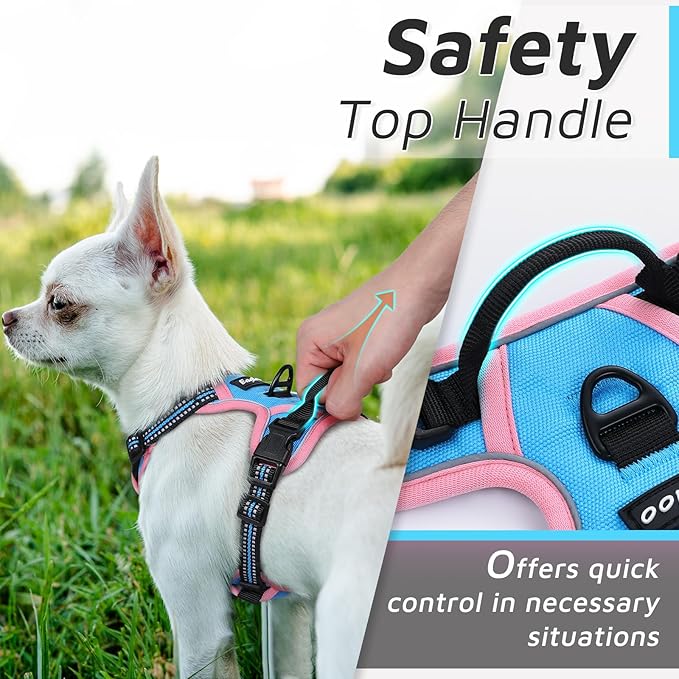 Eagloo Small Dog Harness No Pull, Service Vest with Reflective Strips and Control Handle, Adjustable and Comfortable for Walking, No Choke Pet Harness with 2 Metal Rings, Pink & Blue, XS