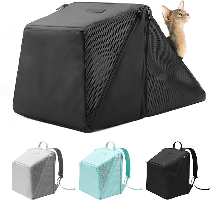 Expandable Cat Backpack Carrier Pet Soft-Sided Mesh Backpack Carrier for Cats Small Dogs Dual-Layer Ventilated Privacy Cat Backpack for Travel Outdoor Camping (Midnight Black)