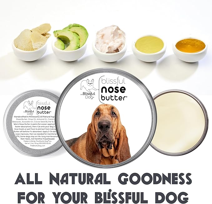 The Blissful Dog Bloodhound Nose Butter for Dry, Cracked Skin, Lick-Safe Dog Nose Balm with Moisturizing Shea Butter, Almond, Olive, and Essential Oils, Pet Supplies, Uncented, 8 oz.