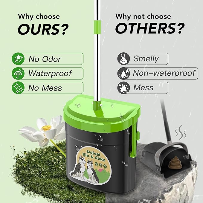 UPSKY Dog Pooper Scooper Swivel Bin & Rake Kit with 100 Waste Bags,33.4" Stainless Steel Long Handle Heavy Duty Pet Poop Shovel for Large Medium Small Dogs, Odor-Proof Lid for Yard/Lawn/Outdoor Use