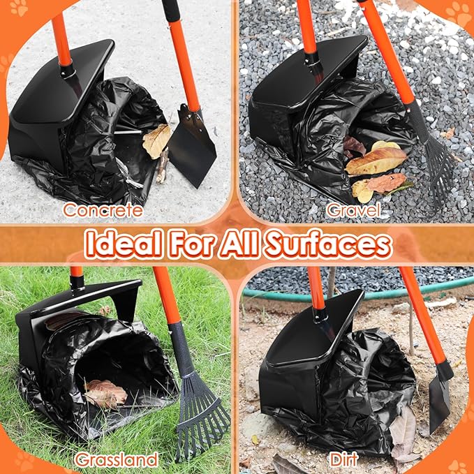 SlowTon Dog Pooper Scooper - 37.4" Long Handle Adjustable Metal Swivel Bin & Rake & Spade Kit with 20 Waste Bags, Portable Pooper Scooper for Gravel Lawn Grass, Suit for Small Medium Large Dog