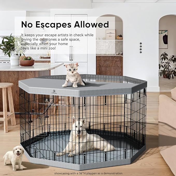 PJYuCien Dog Playpen, 8 Panels 42”H Dog Playpen Indoor with Grey Bottom Pad and Top Cover, Metal Foldable Dog Pen for Indoor Use, Better for Small Medium Animals, Grey