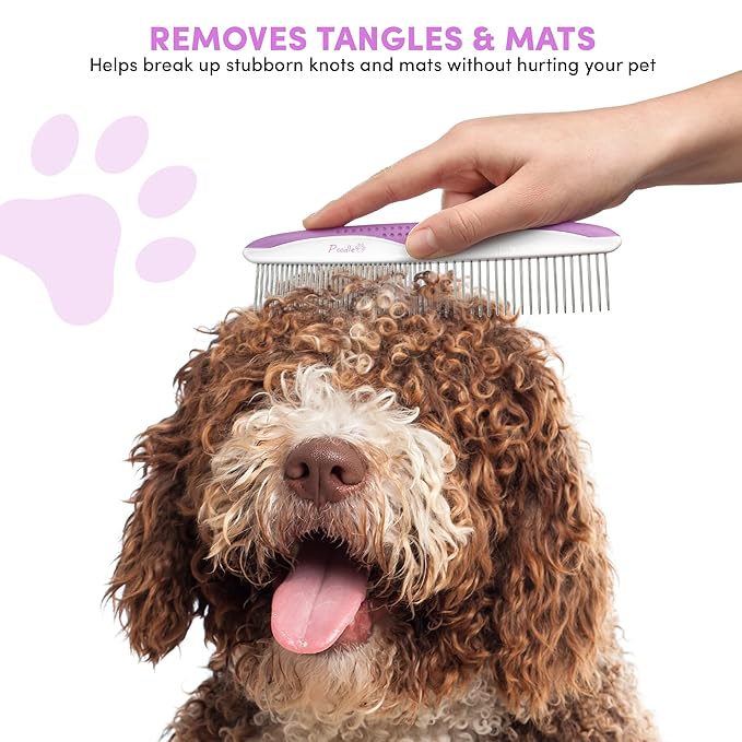 Poodle Pet Dog Combs for Grooming | 2 Pack | Stainless Steel Teeth Easily Remove Dirt | Proper Care Prevents Knots and Mats for Long and Short Haired Pets | Anti-Slip Comfort Grip Handle (Purple)