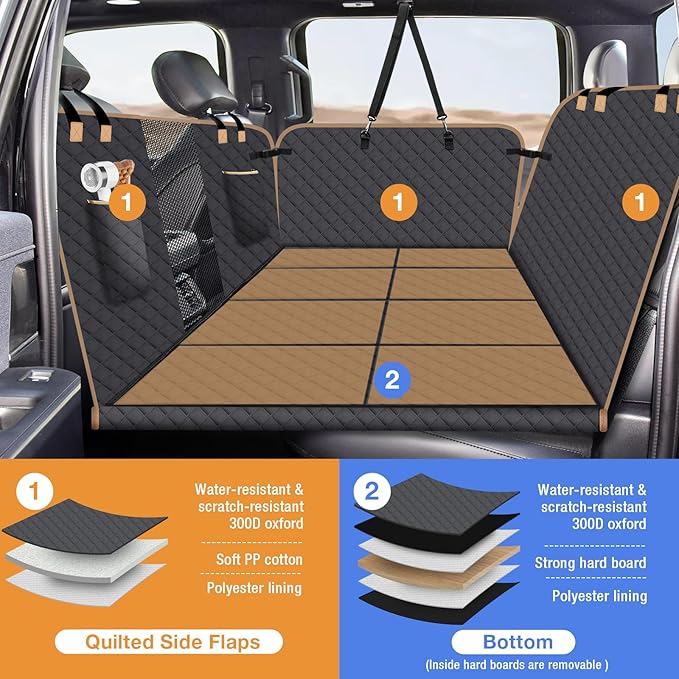 Dog Car Seat Cover for Back Seat, Larger Dog Car Bed Cover with Hard Bottom, Backseat Extender Hammock for Full SizeTruck/SUV 8 Panels - Black