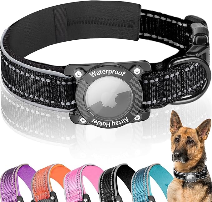 Upgraded AirTag Dog Collar, IP68 Waterproof Dog Collar with Apple Air Tag Holder, Reflective Adjustable Heavy Duty Dog Collars with Soft Padded for Small, Medium and Large Dogs,Black, M