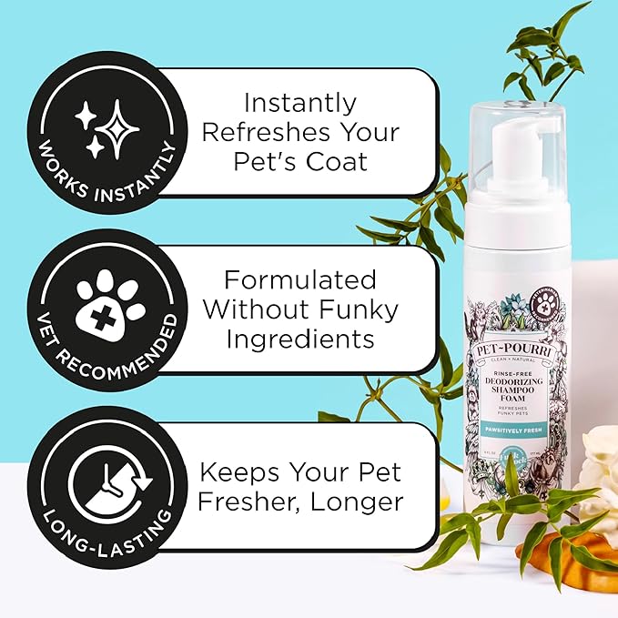 Poo-Pourri Rinse-Free Deodorizing Dry Shampoo for Dogs & Cats – Moisturizing Skin & Coat Soothing Formula - Plant Based Ingredients – Pineapple, Jasmine & Pear – No Rinse Foam Shampoo for Pet Odor
