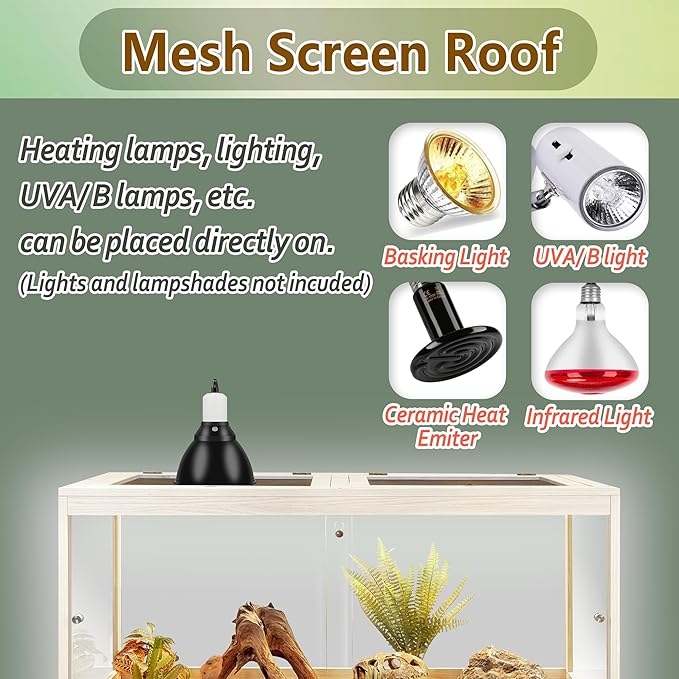 PROLEE Tempered Glass Bearded Dragon Tank,63 Gallon Reptile Tank with Meatl Mesh Roof and Front Sliding Door, Anti-Scratch Lizard Tank,Spacious Reptile Enclosure for Snakes,Lguanas, Chameleons (Oak)
