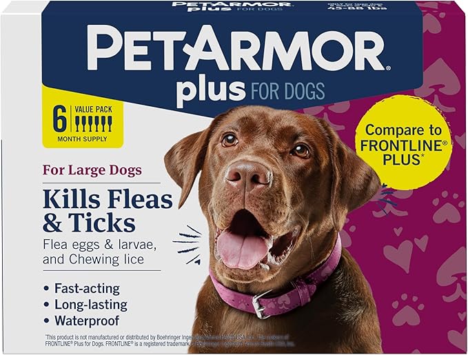 PetArmor Plus Flea and Tick Prevention for Dogs, Dog Flea and Tick Treatment, 6 Doses, Waterproof Topical, Fast Acting, Large Dogs Dogs (45-88 lbs)