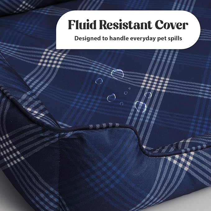 Orthopedic Bolster Dog Bed – CertiPUR-US Foam, Recycled Polyester Canvas, Washable Cover, Anti-Slip Bottom, Large, Navy Plaid – Stylish Designer Dog Sofa