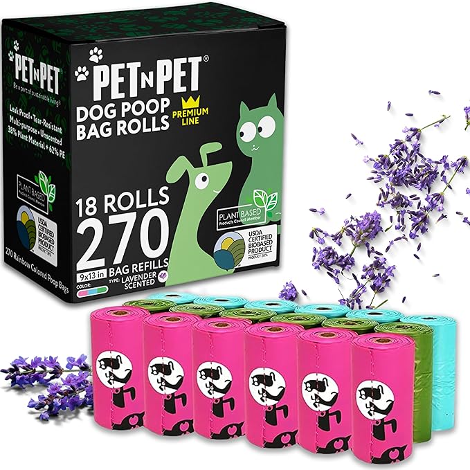 Pet N Pet 270 Counts Lavender Scented, Colorful Poop Bags for Dogs, 38% Plant Based & 62% PE Dog Poop Bags Rolls, Extra Thick Dog Waste Bag, Doggy Bag
