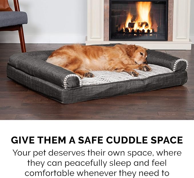 Furhaven Cooling Gel Dog Bed for Large Dogs w/ Removable Bolsters & Washable Cover, For Dogs Up to 95 lbs - Luxe Faux Fur & Performance Linen Sofa - Charcoal, Jumbo/XL