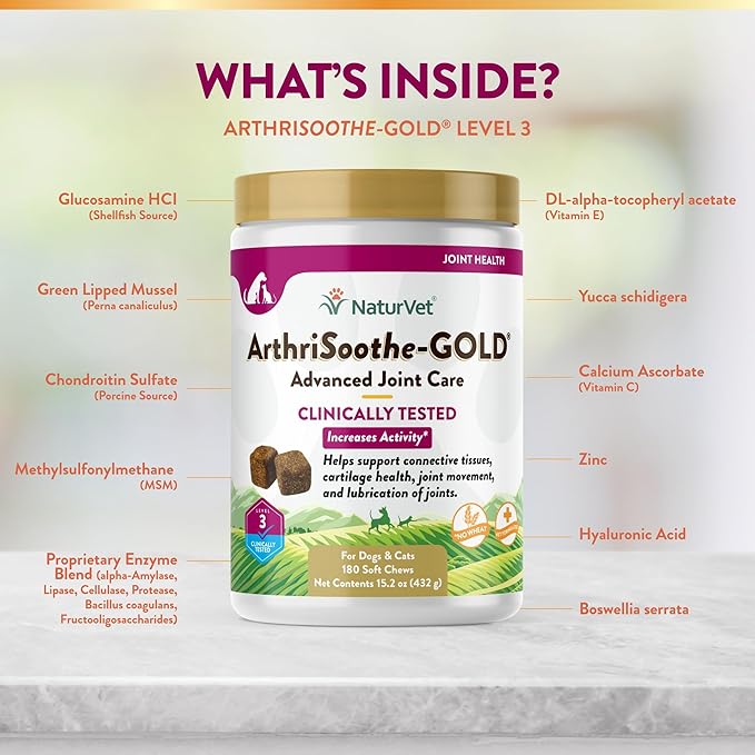 NaturVet ArthriSoothe-Gold Level 3 Advanced Joint Care for Dogs – Soft Chew Dog Supplement with Glucosamine, MSM, Chondroitin & Hyaluronic Acid – Wheat-Free Pet Supplements – 180 Ct.