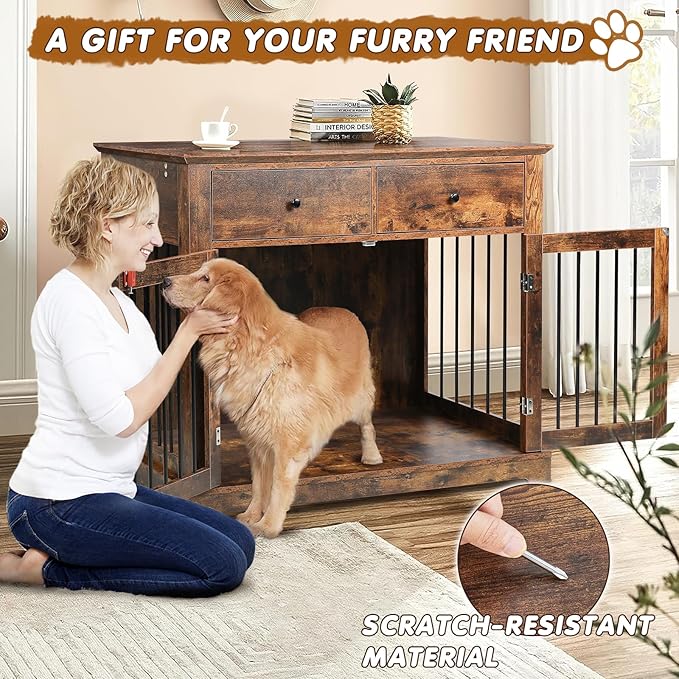 PUKAMI 44inch Dog Crate Furniture with Drawers,Wooden Dog Kennel Furniture for Large Breed,End Table Wood Dog House for Indoor use (Grey)