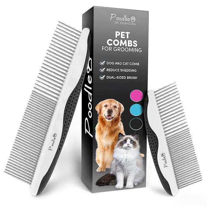 Poodle Pet Dog Combs for Grooming | 2 Pack | Stainless Steel Teeth Easily Remove Dirt | Proper Care Prevents Knots and Mats for Long and Short Haired Pets | Anti-Slip Comfort Grip Handle (Black)