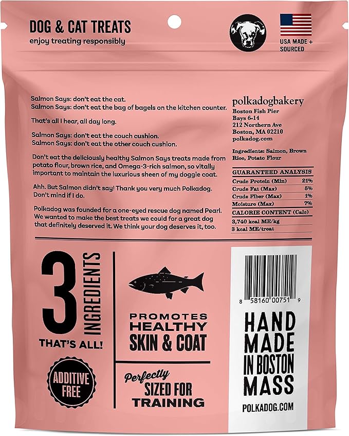 Polkadog Salmon Says Training Bits - Omega-3 Rich, Low Fat Healthy Dog Treat - Digestible, Vitamin & Mineral Packed Dog Snacks - Crunchy 3-Ingredient Treat, Ideal for Dogs with Allergies - 7oz