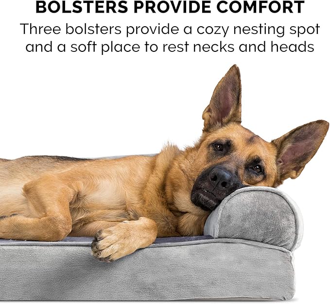 Furhaven Cooling Gel Dog Bed for Large Dogs w/ Removable Bolsters & Washable Cover, For Dogs Up to 95 lbs - Faux Fur & Velvet Sofa - Smoke Gray, Jumbo/XL