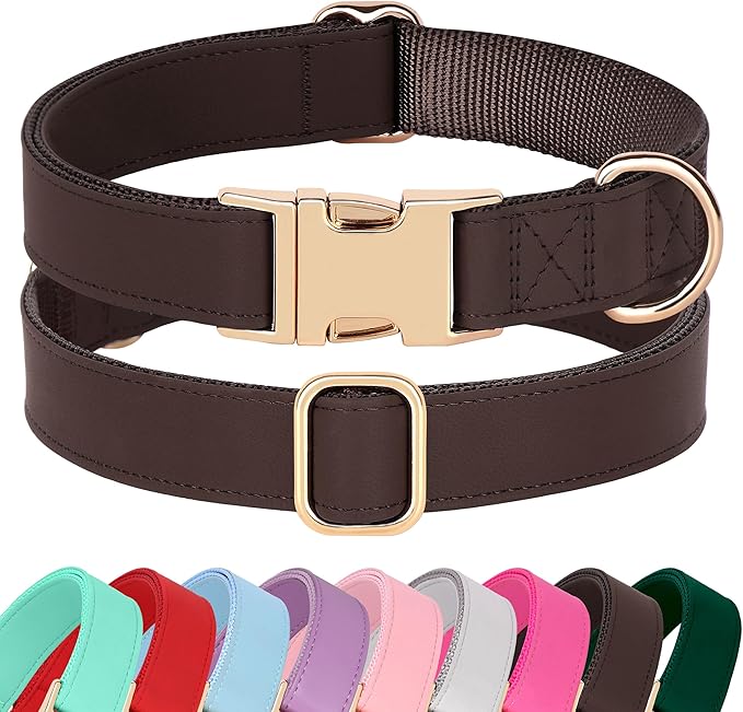 PET ARTIST PU Leather Dog Collar, Bright & Stylish Brown Dog Collar with Quick Release Gold Metal Buckle, Soft Nylon Padded Durable Pet Collars Adjustable for Small Dogs, Neck Fit 9-14"