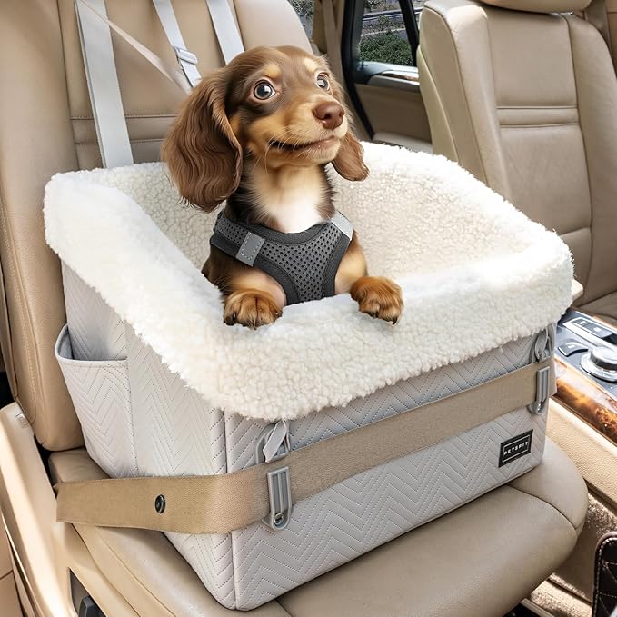 PETSFIT Small Dog Car Seat, Waterproof PU Leather Dog Booster Car Seat with Patented Safe Buckles, Pet Carseat for Medium or Small Sized Pets up to 30 lbs (Grey)