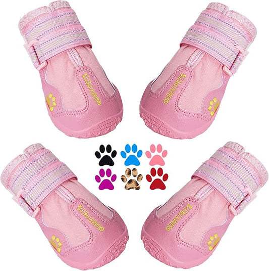 QUMY Dog Shoes for Large Dogs, Medium Dog Boots & Paw Protectors for Winter Snowy Day, Summer Hot Pavement, Waterproof in Rainy Weather, Outdoor Walking, Indoor Hardfloors Anti Slip Sole Pink 8