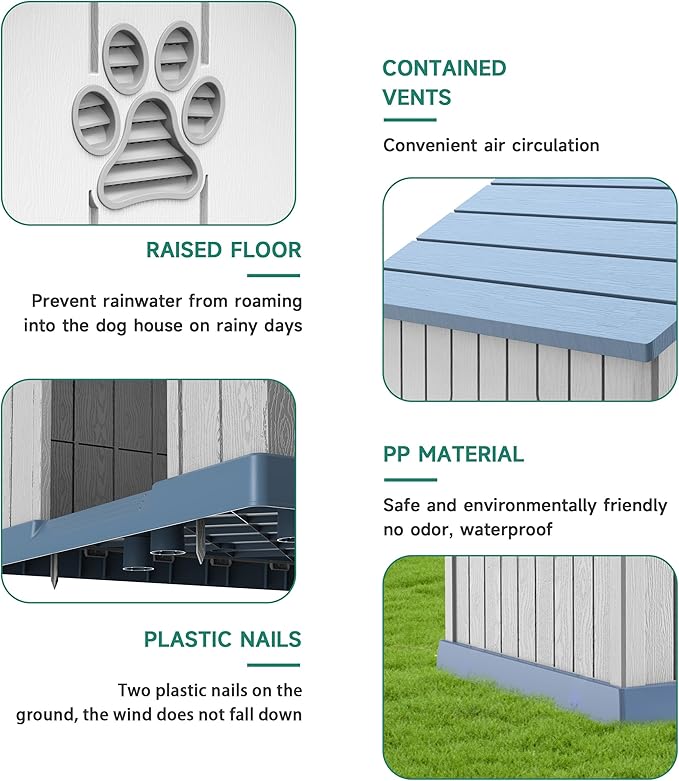 Vixzen 38in Large Outdoor Dog House,Durable Water Resistant Resin Dog House,Doghouse for Small to Large Dogs Indoor or Outside,with Air Vent and Elevated Floor,Blue