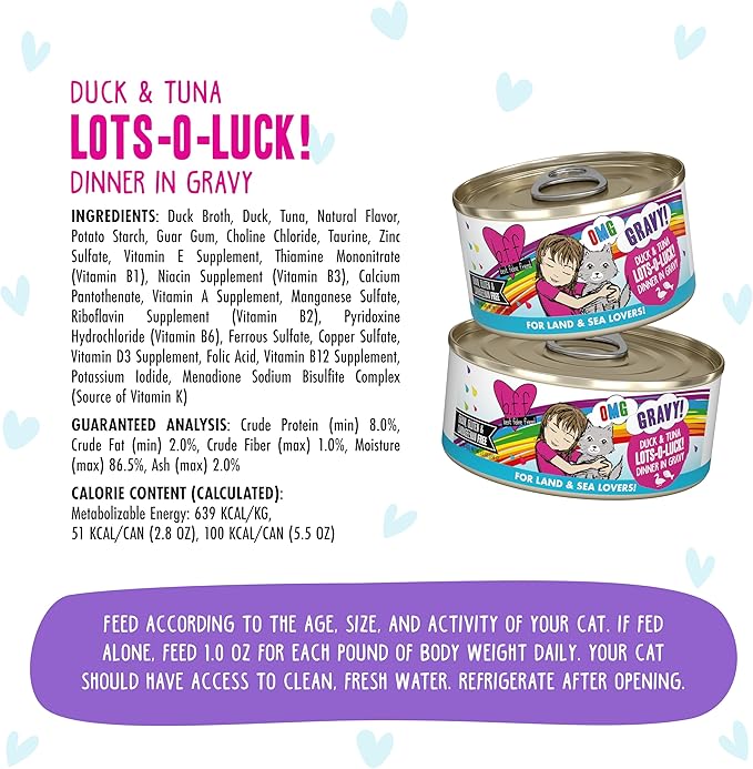 Weruva B.F.F. OMG - Best Feline Friend Oh My Gravy!, Lots-O-Luck! with Duck & Tuna in Gravy Cat Food, 2.8oz Can (Pack of 12)