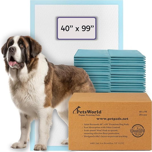 PETSWORLD Mega-Sized Dog Pee Pads (40" x 99") – 4XL Gigantic Pet Piddle Pads for Puppy Training, Incontinence – with Adhesive Sticky Tape – Leak Proof, 5-Layer Protection (10 Count)