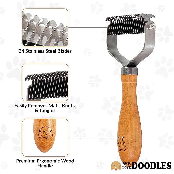 We Love Doodles Pet Dematting Comb and Pet Dematting Brush & Rake (Bundle) - Deshedding Undercoat Rake and Detangler Brush For Dogs, Comb Tool For Grooming, for Detangling Thinning and Shedding