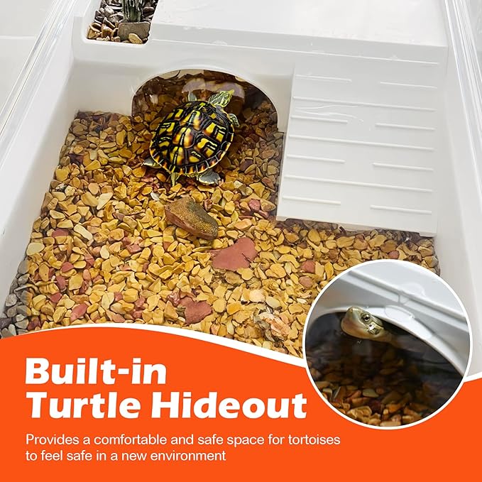 AZV Turtle Tank Habitat Kit,Complete Aquatic Tortoise Starter Enclosure with Filter,Basking Platform with Hideout,Multi-Function Area,Drainage,Plants and Lamps,Perfect for Red Eared Slider Aquarium