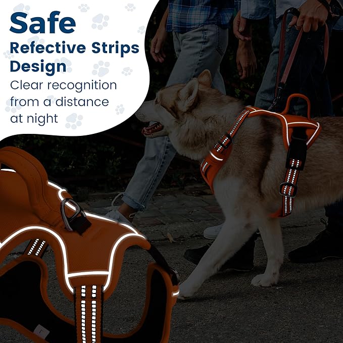 Funfox Dog Harness No Pull, Adjustable Pet Vest Harness, Super Soft Material with Vertical Handle Easy Control, Reflective Night Walking, 2 Leash Clips for XLarge Dogs, Orange, XL