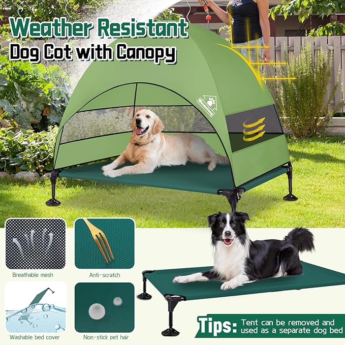 Elevated Outdoor Dog Bed with Canopy & Adjustable Feet - Larger Shade for Camping, Backyard & Patio