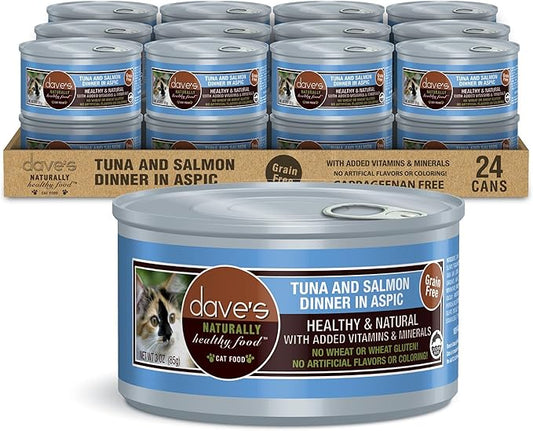 Dave's Pet Food Grain Free Wet Cat Food (Tuna & Salmon in Aspic), Naturally Healthy Canned, Added Vitamins & Minerals, Wheat & Gluten-Free, 3 oz (24 Pack)