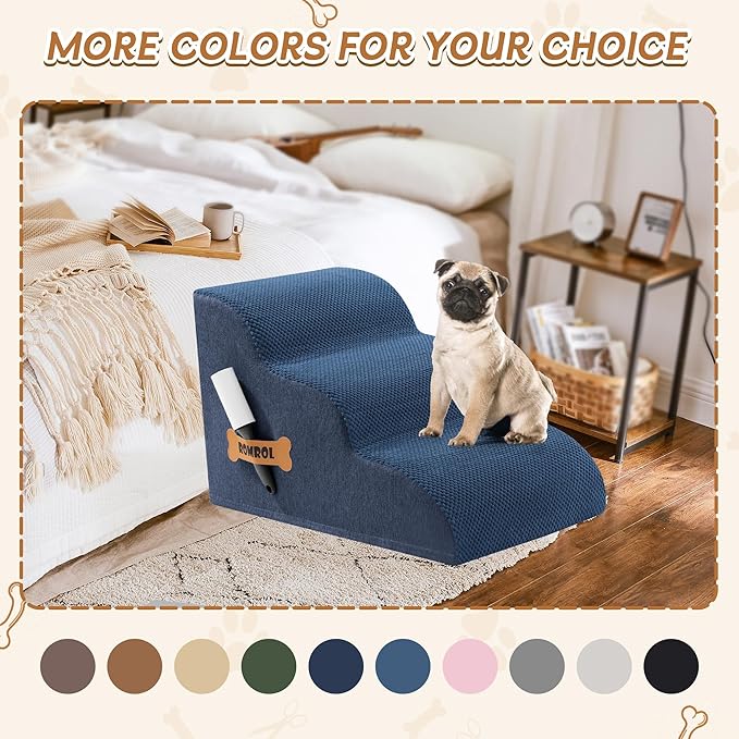 Romrol Dog Stairs Ramp for Beds Couches, Extra Wide Pet Steps with Durable Non-Slip Waterproof Fabric Cover, Dog Slope Stairs for Small Dogs and Cats or Pets Friendly, 3-Tiers, 13 Inch,Dusty Blue