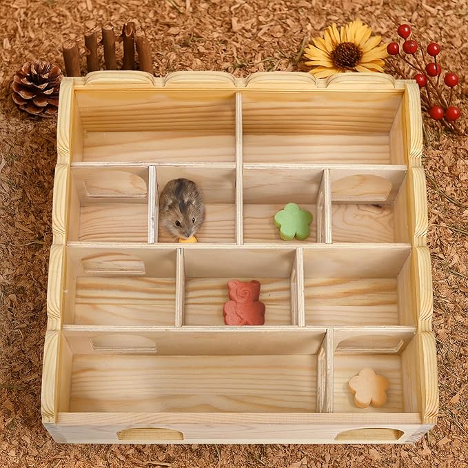 ZENFUN Wooden Hamster Maze with Clear Acrylic Cover, Multi-Chamber Hamsters Hide Tunnel Cage, Hideout Tunnel Toy Shed and Explore Toy for Dwarf Hamsters Mice Small Gerbil（Free-Installation）