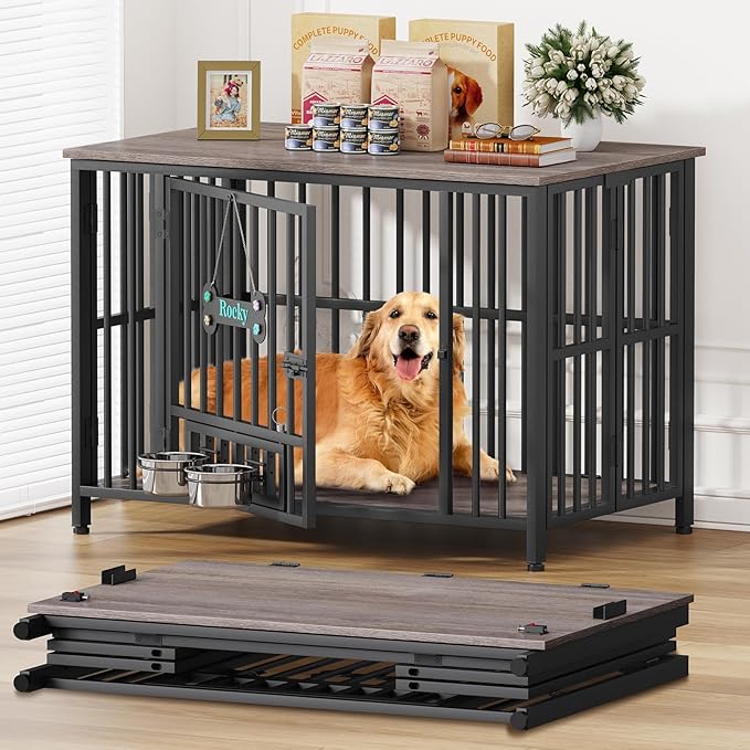 Easycom 41" Dog Crate Furniture Foldable, No Assembly Decorative Dog Kennel Indoor, Dog Crates for Large Dogs (40-65 lbs), Wooden Dog Cage with Adjustable Bowls and Name Tag, End Table, Oak Grey