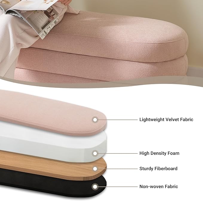 Storage Ottoman Bench 49.2 Inch Upholstered Fabric Storage Bench for Bedroom End of Bed Aesthetic Large Oval Ottoman for Living Room Entryway (Pink)