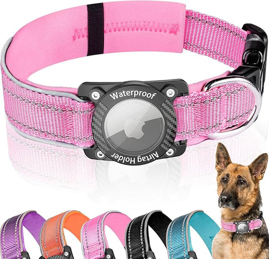 Upgraded AirTag Dog Collar, IP68 Waterproof Dog Collar with Apple Air Tag Holder, Reflective Adjustable Heavy Duty Dog Collars with Soft Padded for Small, Medium and Large Dogs,Pink, M