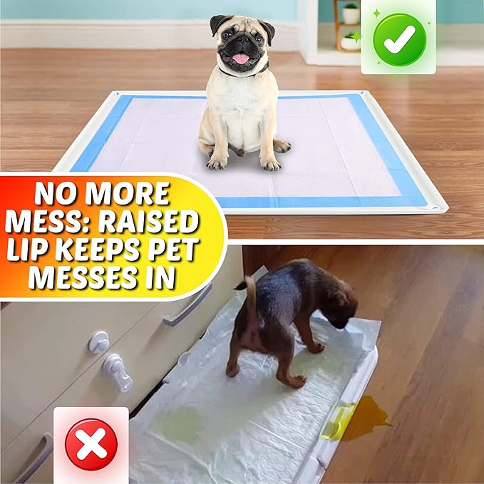 TidyFriend Dog Pee Pad Holder Tray Fits for 28” x 34” Pee Pads with Corner Lock Holes, Raised Edges, Non-Spill, Easy to Clean Silicone Dog Potty Tray Holder, For Indoor Floor Protection (White)