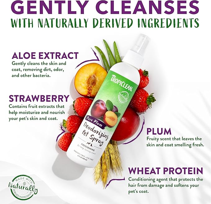 TropiClean Dog Perfume, Long Lasting Plum Cologne, Deodorizing Spray for Smelly Dogs, After Bath Detangling Spray with Vitamin E, Safe for Cats, 8oz.