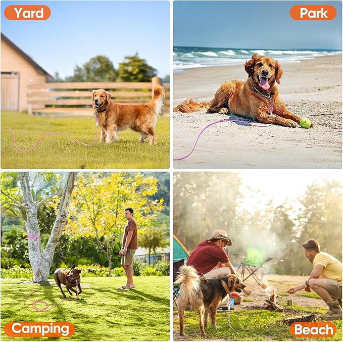 Tresbro 15FT Reflective Tie Out Cable for Dogs Up to 250 Pounds, Steel Wire Lead Leash Cable with Stainless Rotatable Buckle, Lightweight and Enduring, Dog Chains Outside for Outdoor, Yard, Pink