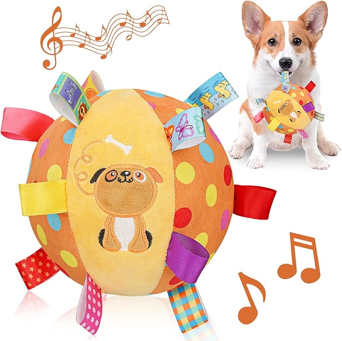 Dog Squeaky Plush Toy with Straps, 6-Inch Soft Stuffed Ball with Cotton Material and Bell Built-in, Pet Interactive Fetch Toy for Small to Large Dog