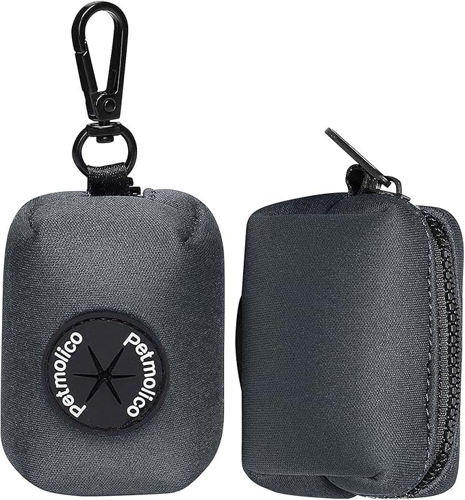 Petmolico Dog Poop Bag Holder Leash Attachment, Dog Waste Bag Dispenser Zippered Pouch, Fits Any Dog Leash, Includes Free Roll of Dog Bags, Poop Bag Dispenser - 2 Pack, Deep Gray